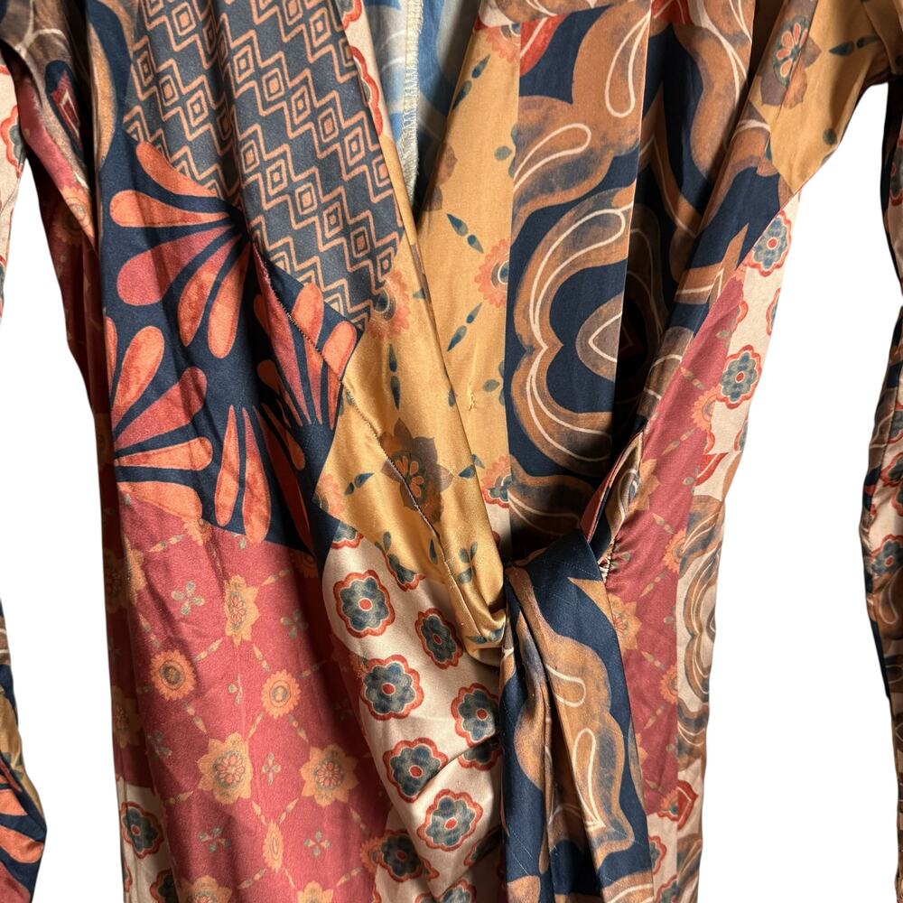 MISA Eliza Patchwork Print Long Sleeve Tie Waist Boho Wrap Midi Dress Size M - Picture 10 of 16